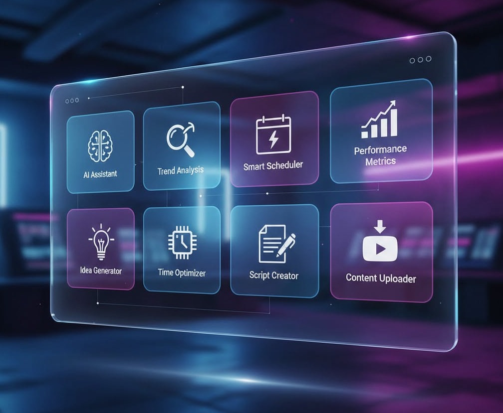 TubeMagic AI tool showcasing its key features in a modern dashboard layout.