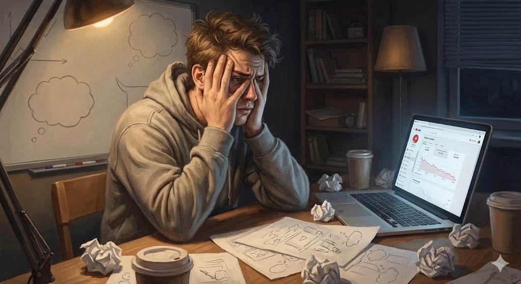 Overwhelmed YouTuber struggling with ideas and content planning.